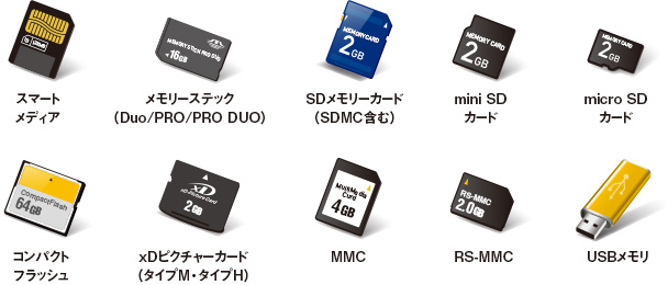 スマートメディア、メモリースティック（Duo/PRO/PRO DUO）、SDメモリーカード（SDMC含む）、mini SDカード、micro SDカード、コンパクトフラッシュ、xDピクチャーカード（タイプM・タイプH）、MMC、RS-MMC、USBメモリ